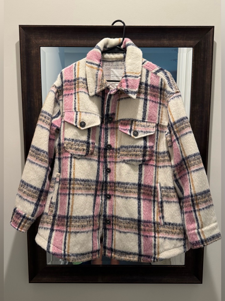 Avec Les Filles Cream And Pink Plaid Shacket